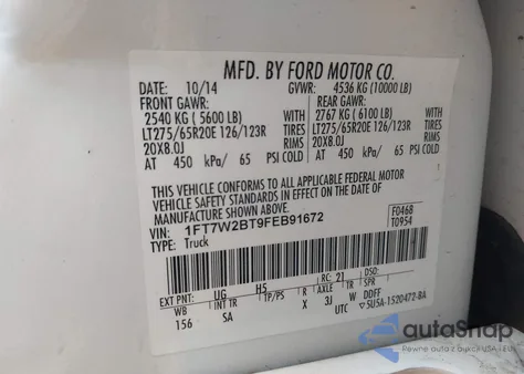 2015 Ford F250 Super Duty z USA, uszkodzony, nr VIN 1FT7W2BT9FEB91672